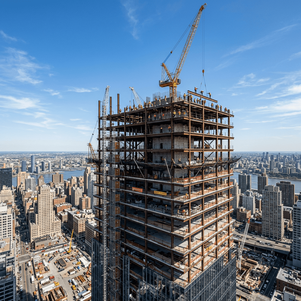 Steel frame of a skyscraper under construction with workers and cranes