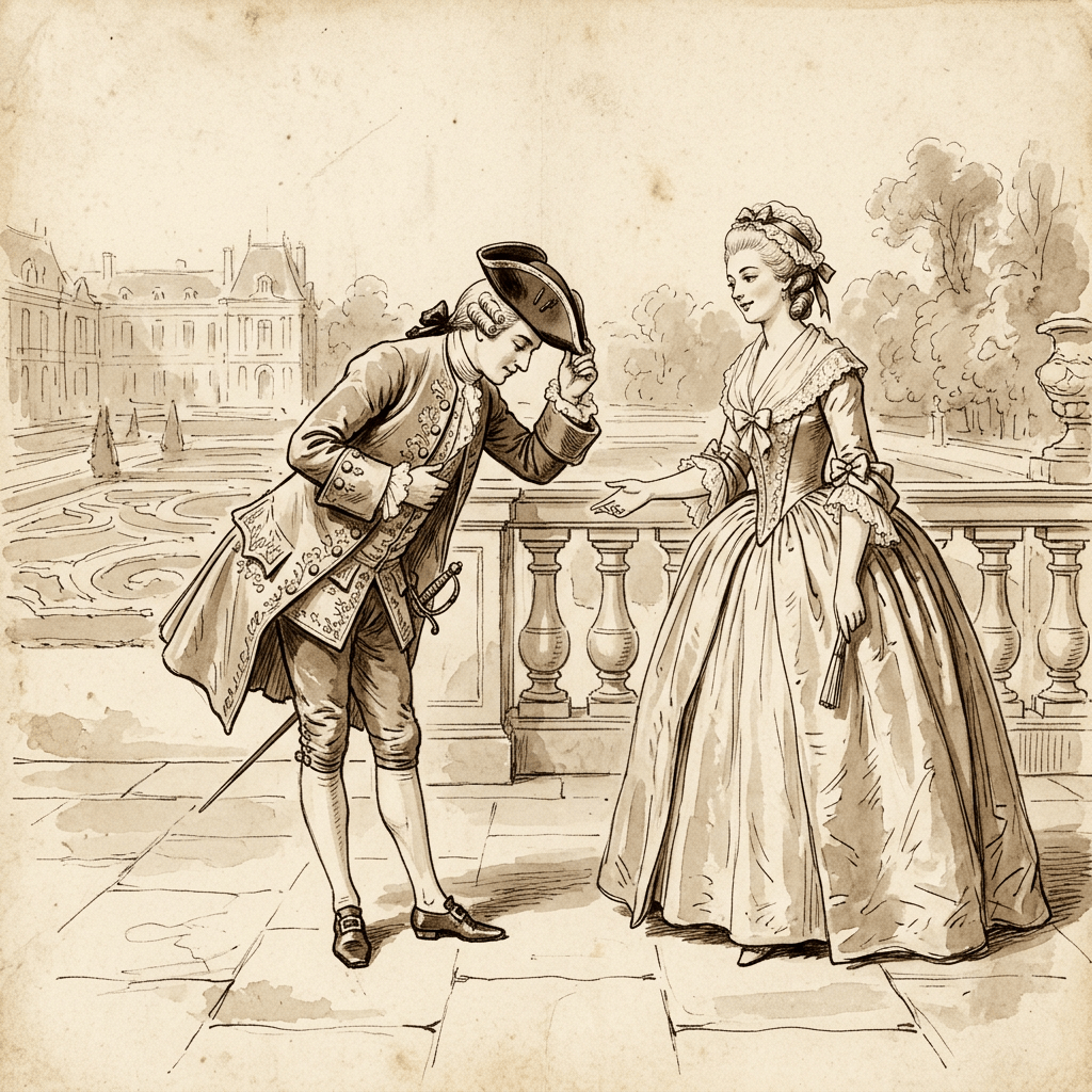 Eighteenth-century gentleman bowing to a woman beside a garden balustrade